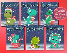 four christmas cards with dinosaurs in the snow