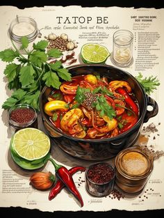 a painting of food in a pan with spices and herbs on the table next to it