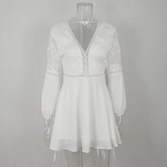 FREE SHIPPING Bohemian Boho Beach Dress Summer Women Hollow Out Crochet Lace Chiffon Dress White V Neck Long Sleeve Backless Mini Sexy Dress JKP1824 White V Neck Long Sleeve, Beach Dress Summer, Crochet Beach Dress, Chiffon Lace Dress, Boho Beach Dress, Lace Chiffon, Tea Length Dresses, Dress Silhouette, Lace Fashion