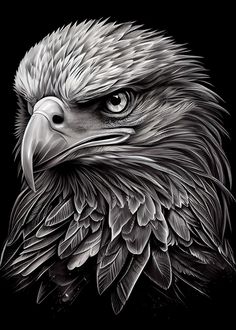 an eagle's head is shown in this black and white drawing by artist mark stewart