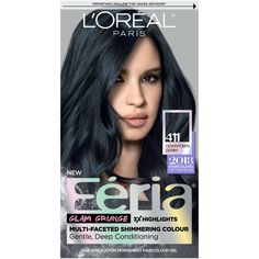 L'Oreal Paris Feria Permanent Haircolor, Downtown Denim/Dark Blue Brown ~ #411 ~ 1 kit About this item Feria Is Multi-Faceted Permanent Hair Color: Known for shimmering color and edgy colors, Feria permanent hair dye kits transform hair from blah to brilliant; The Power Shimmer Feria Conditioner seals and smooths for lasting bold color that will turn heads Multi-Tonal, Shimmering Feria Hair Color: With 50 plus bold shades ranging from deepest black hair dye to platinum blonde and smoky silver ha Feria Hair Color, Blue Hairstyles, Blue Black Hair Color, Edgy Hair Color, Denim Hair, Blue Black Hair, Korean Hair Color, Bold Hair Color, Weak Hair