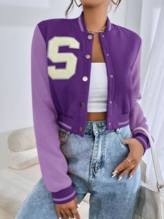 Letter Patched Crop Varsity Jacket Purple Casual  Long Sleeve Fabric Colorblock,Letter Varsity Non-Stretch Spring/Fall Women Clothing, size features are:Bust: ,Length: ,Sleeve Length: Varsity Jacket Outfit, Casual Vest, Unisex Jacket, Pink Style, Baseball Jacket, Inspiration Mode, Mode Inspiration