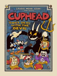 an old movie poster for cuphead with devil and other cartoon characters in front of it