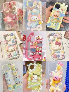 many different cell phones are shown in this collage, including one with hello kitty on it