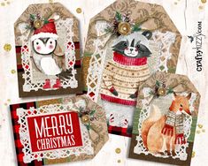 three christmas cards with raccoon and snowman on them, one is wearing a sweater