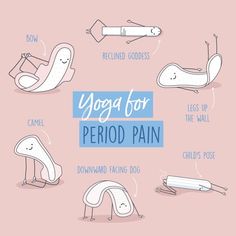 yoga poses for period pain and how to use them in the morning or night, illustrated on pink background