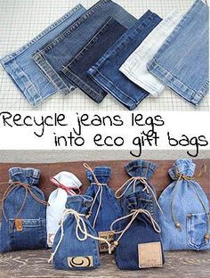 several pairs of jeans sitting next to each other on top of a wooden table with the words recycle jeans legs into eco gift bags