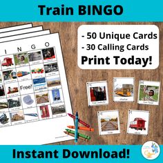 the printable train bingo game is shown with pictures and crayons on it