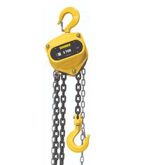 an electric chain hoist with yellow levers on it's end and two chains hanging from the front