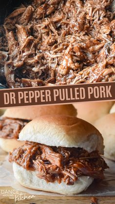 dr pepper pulled pork; photo of the pork and photo of the pork on a sandwich bun Pork In The Crock Pot, Pulled Pork Crockpot, Dr Pepper Pulled Pork, Pork Crockpot, Crock Pot Pulled Pork Recipe, Pork Crockpot Recipes, Crock Pot Food, Easy Crockpot Dinners, Crockpot Pulled Pork