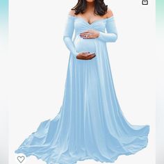 Perfect For Taking Your Maternity Shots! Very Stretchy And Forgiving Blue Gown For Your Beautiful Bump And Perfect Pictures. Baby Blue Maternity Dress, Blue Maternity Dress, Maternity Photography Props, Wine Colored Dresses, Off Shoulder Gown, Dress Maternity, Event Dress, Baby Shower Photos, Maternity Gowns