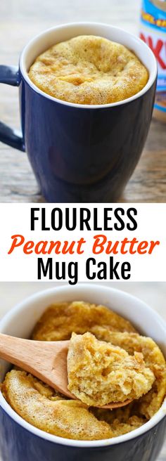 two pictures with the words flourless peanut butter mug cake in it and on top