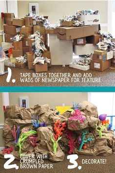 two boxes are stacked on top of each other and one is filled with paper machs