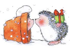 an illustration of a hedge holding a present box in its paws and kissing it's face