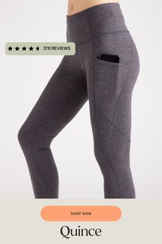 From yoga days to lounge days, our Pocket Leggings are light and breathable, letting you focus on your flow. Quick-drying, moisture-wicking, anti-microbial fabric with the 4-way stretch you love keep you comfortable all day long. Plus, the hidden waistband pocket fits a card or a key for unencumbered outdoor activities.  | Quince | Women's Ultra-Soft Performance Pocket Legging in Heather Charcoal, Size Large, 100% Polyester Bottom Workout, Yoga Day, Low Impact Workout, Best Leggings, Pocket Leggings, Life Savers, Womens Activewear, Recycled Fabric, Quince