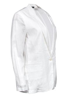 Get striking in this business staple from Theory! Made with a soft white material, this sheer-back style blazer is truly a unique find. Elevate any professional dress, skirt or trouser look with this bright white beauty. Size 10 No fabric content, most likely a linen blend Front button closure Notch lapel Front breast pocket Semi-sheer back design No shoulder padding Waist 32" Sleeve 24.5" Shoulder to hem 28.5" Professional Dress, Style Blazer, Single Button Blazer, Buy Shoes Online, Professional Dresses, Blazer Buttons, Soft White, White Material, Touch Up