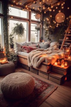 a living room filled with lots of furniture and lights on the windows sills