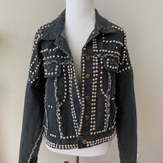 Good Condition. Never Used. Edgy Long Sleeve Denim Jacket For Fall, Black Denim Jacket With Snap Buttons For Winter, Edgy Spring Outerwear With Buttons, Chic Black Denim Jacket For Fall, Chic Winter Denim Jacket With Snap Buttons, Chic Black Denim Jacket, Black Jean Jacket, Coats Black, Black Jean