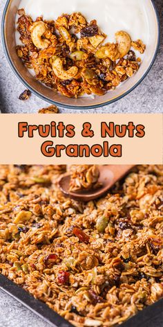 a pan filled with granola next to a bowl full of nuts and yogurt