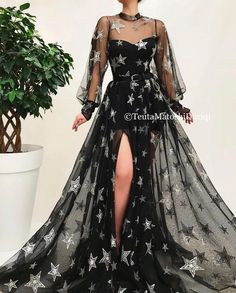 Black Star Dress, Couture Dior, Long Sleeve Prom, Unique Prom Dresses, فستان سهرة, Black Tulle, Star Dress, Long Prom Dress, Black Star