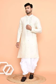 Cream silk kurta with thread and mirror embroidery. Comes with art silk dhoti pant. - Aza Fashions Kurta Patterns, Mirror Embroidery, Dhoti Pants, Silk Kurta, Cream Silk, Band Collar, Pant Set, Embroidered Silk, Aza Fashion