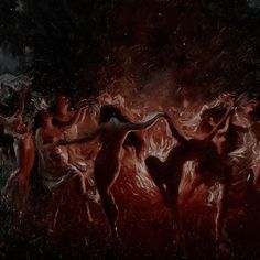 an abstract painting of women dancing in the rain with red and black colors on them