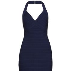 Excellent Condition, Authentic Herve Leger Dress Size Xs. This Is A Mini Navy Bandage Dress With A V-Neck That Clips As A Halter With An Open Back. Very Elegant, Form Fitting And Flattering. The Bottom Has Beautiful Laser Cut Detailing Around The Hem With A Subtle Deep Red Colored Outline. The "Jassalyn" Dress Is Sold Out And Retails For $1,790. Mini Halter Dress, Herve Leger Dress, Herve Leger, Bandage Dress, Deep Red, Open Back, Halter Dress, Laser Cut, Colorful Dresses