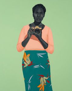 a painting of a woman holding a camera