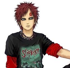 a man with red hair and black eyes wearing a shirt that says slipknot