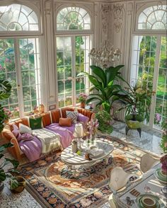 a living room filled with lots of windows and furniture next to plants in vases