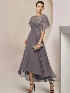 A-Line Mother of the Bride Dress Formal Wedding Guest Elegant Scoop Neck Asymmetrical Tea Length Chiffon Lace Half Sleeve with Beading Appliques Elegant Chiffon Dress With Sweep Train For Wedding, Embellished Chiffon Mother Of The Bride Dress For Wedding, Embellished Chiffon Mother Of The Bride Dress, Elegant Embellished Chiffon Wedding Dress, Elegant Embellished Chiffon Dress For Banquet, Chiffon Mother Of The Bride Dress With Sweep Train, Chiffon Wedding Dress With Sweep Train, Dress Formal Wedding Guest, Formal Wedding Guests