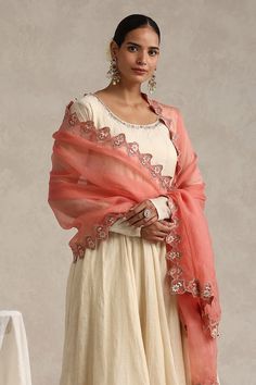 Buy Off White Anarkali Stripe Tissue Hand Embroidered Gota Patti Round Work Set For Women by Weaver Story Online at Aza Fashions. Off White Anarkali, White Anarkali, Jayanti Reddy, Rohit Bal, White Kurta, Tarun Tahiliani, Luxury Sale, Modern Bride, Pants Pattern