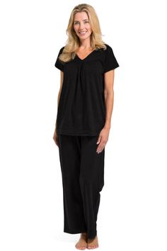 Women's Pajamas | Organic Cotton V-Neck Pajama Set | Fishers Finery Relaxed Fit Solid Color Long Pants Set, Relaxed Fit Long Pants Sets, Stretch Cotton Sets For Relaxation, Casual Black Sets For Relaxation, Relaxed Fit Sets With Long Pants For Relaxation, Relaxed Fit Long Pants Set For Relaxation, Cotton Pant Set For Loungewear, Black Loungewear Set With Long Pants, Black Relaxed Fit Loungewear Sets