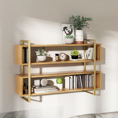 a wooden shelf with books and plants on it