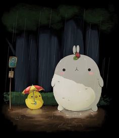 a cartoon character is standing in the rain next to a yellow rubber duck with an umbrella