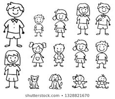 a black and white drawing of people with children