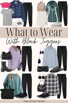 Teacher Jogger Outfits Winter, Women Joggers Outfit Casual, Black Jean Joggers Outfit, Jogger Outfits Women Work, Wearing Joggers To Work, Women's Joggers Outfit, Black Athletic Pants Outfit, Jogger Fall Outfits, Jogger Looks Women