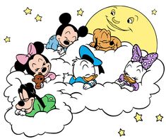 mickey mouse and other disney characters sleeping on clouds