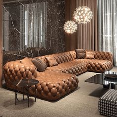 a living room filled with lots of brown furniture and walls covered in marbled tiles