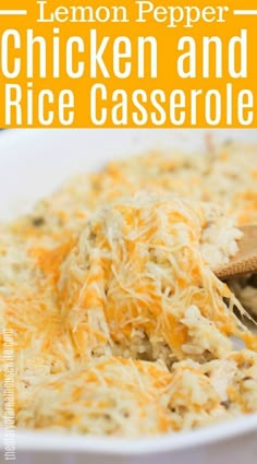 chicken and rice casserole in a white bowl with a wooden spoon on the side