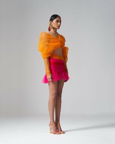 Hand-draped skirtMini hem with a voluminous ruffleZipper fastening at the sideGathered detailing at the front and backComposition: Polyester 100%.Made in IndiaDry clean Orange Mini Skirt, Angel Shirt, Tactical Pants, Puff Sleeve Top, Tee Dress, Pink Orange, Ruffle Hem, Cleaning Clothes, Blue Stripes