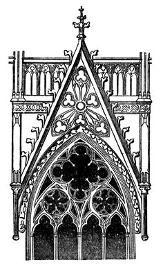 an old black and white drawing of a gothic church window with ornate carvings on the front