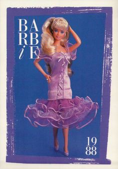 the barbie doll is wearing a purple dress