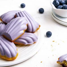 there are blueberries on the plate next to some cookies and one is half eaten