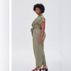 Plus Size Satin Surplice Jumpsuit Size 0x Color Olive Forever 21+ - A Satin Jumpsuit Featuring A Vented Collar, Surplice Neckline, Short Cuffed Dolman Sleeves, Removable Sash Belt, Front Slanted Pockets, Back Jetted Pockets, Back Yoke, And Wide Leg. Content + Care - 100% Polyester - Hand Wash Cold Fitted V-neck Jumpsuits And Rompers By Forever 21, Jumpsuits Plus Size, Plus Size Satin, Mesh Romper, Flower Romper, Black And White Romper, Satin Jumpsuit, Long Sleeve And Shorts, Pink Jumpsuit