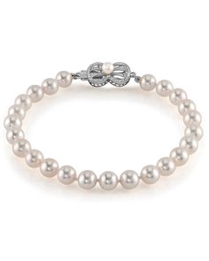 Hanadama, meaning 'Flower Pearl,' represents the highest quality available in Japanese Akoya Pearls, certified by the Japan Pearl Science Laboratory. Only approximately 2% of the annual Akoya cultured pearl harvest qualifies for the Hanadama Grade. This beautiful Akoya pearl bracelet ranges between 6.0-6.5mm in size and consists of all beautiful and extremely lustrous Hanadama pearls. All pearls in this bracelet are perfectly round and are strung with silk thread and double-knotted between each Luxury Akoya Pearl Bracelet In White Gold, Luxury Akoya Pearl White Gold Bracelet, Timeless White Akoya Pearl Bracelets, White Akoya Pearl Bracelet, Luxury Akoya Pearl Bracelets In Pearl White, Leather Pearl Jewelry, Pearl Trend, Science Laboratory, Japanese White