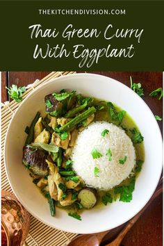 thai green curry with eggplant served in a white bowl