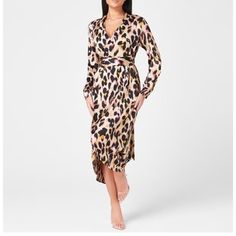 Guc Never Fully Dressed Satin Leopard Print Wrap Midi Dress Long Sleeves Tie Waist Tan Gold Brown Taupe Size: Large Styled In A Timeless Wrap Silhouette, The Never Fully Dressed Leopard Dress Has Been Crafted From A Soft Polyester Fabrication Boasting An All-Over Leopard Print For A Wardrobe Staple Piece. Designed With A V-Neckline, Button To The Waistband For The Wrap Silhouette And A Tie-Fastening, This Dress Has Long Sleeves Cuffed With Button Fastenings And A Split To The Leg For A Feminine Boho Wedding Guest Dress, Plisse Dress, Sheer Midi Dress, Happy Dresses, Midi Skater Dress, Eliza Dress, Sleeveless Wrap Dress, Never Fully Dressed, Staple Wardrobe Pieces