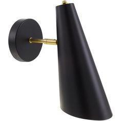 a black wall light with a gold handle on the side and a white back ground