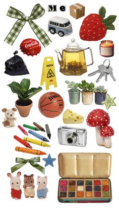 a collage of various objects including a camera and other items